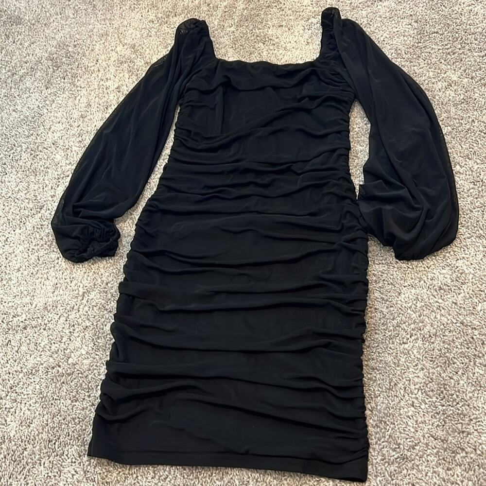 NEW Square Neck Long Sleeve Mini Ruched Bodycon Dress Stretch Cocktail Small S - Picture 11 of 16